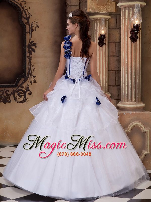 wholesale white ball gown one shoulder floor-length satin and tulle hand made flowers quinceanera dress