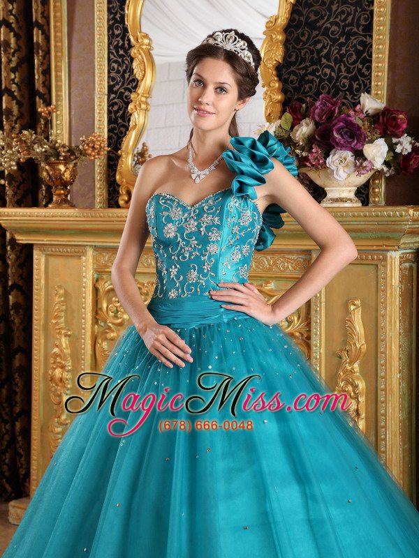 wholesale teal a-line / princess one shoulder floor-length tulle beading quinceanera dress