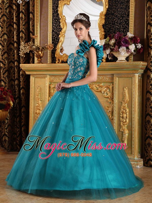 wholesale teal a-line / princess one shoulder floor-length tulle beading quinceanera dress