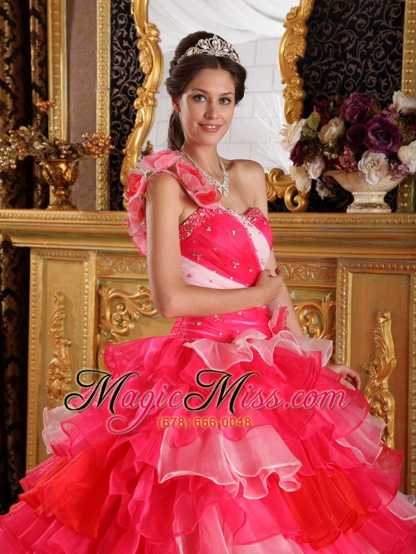 wholesale red ball gown one shoulder floor-length organza ruffles and beading quinceanera dress
