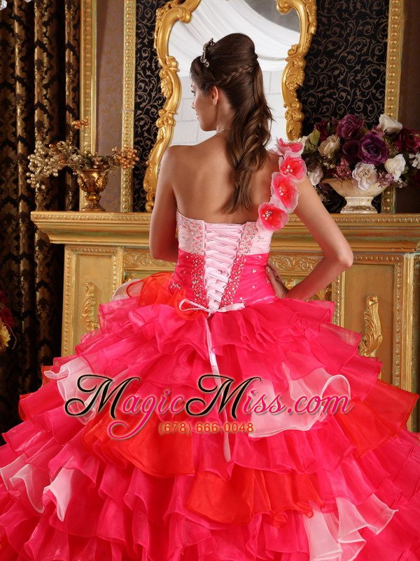 wholesale red ball gown one shoulder floor-length organza ruffles and beading quinceanera dress