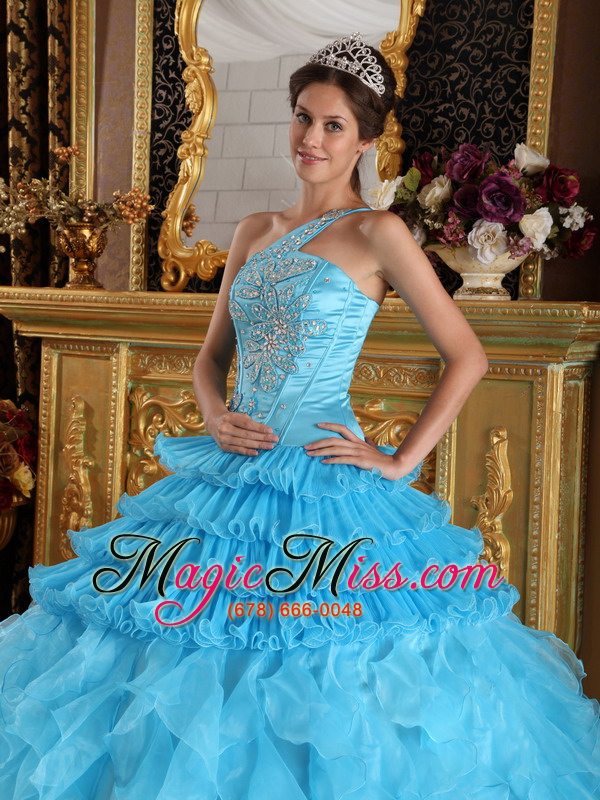 wholesale aqua blue ball gown one shoulder floor-length satin and organza beading quinceanera dress