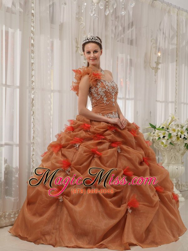 wholesale rust red ball gown one-shoulder floor-length organza appliques quinceanera dress