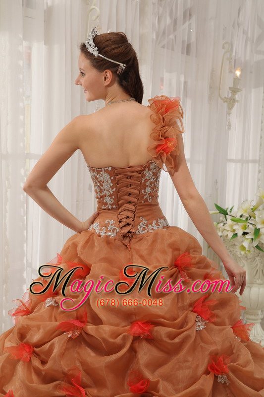 wholesale rust red ball gown one-shoulder floor-length organza appliques quinceanera dress
