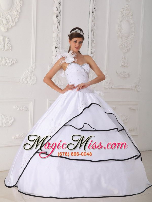 wholesale white ball gown one shoulder neck floor-length taffeta and organza beading quinceanera dress