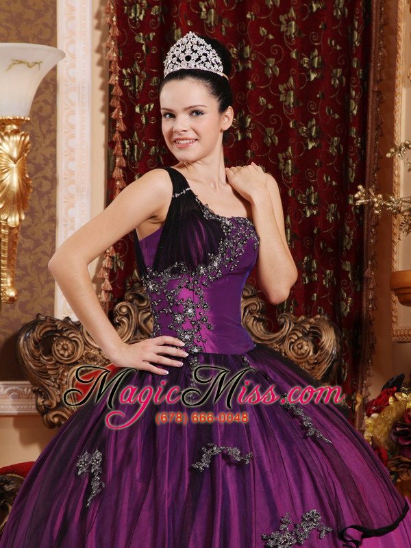 wholesale purple ball gown one shoulder taffeta and organza beading and appliques quinceanera dress