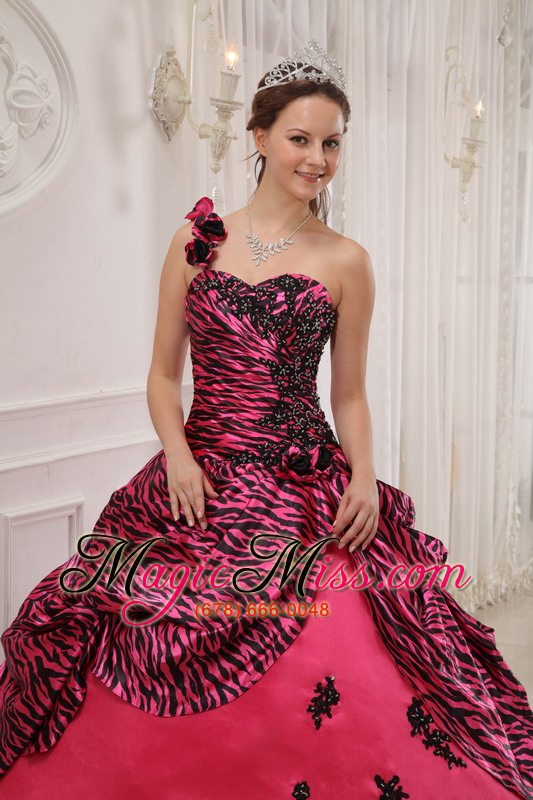 wholesale hot pink ball gown one shoulder floor-length zebra or leopard appliques quinceanera dress