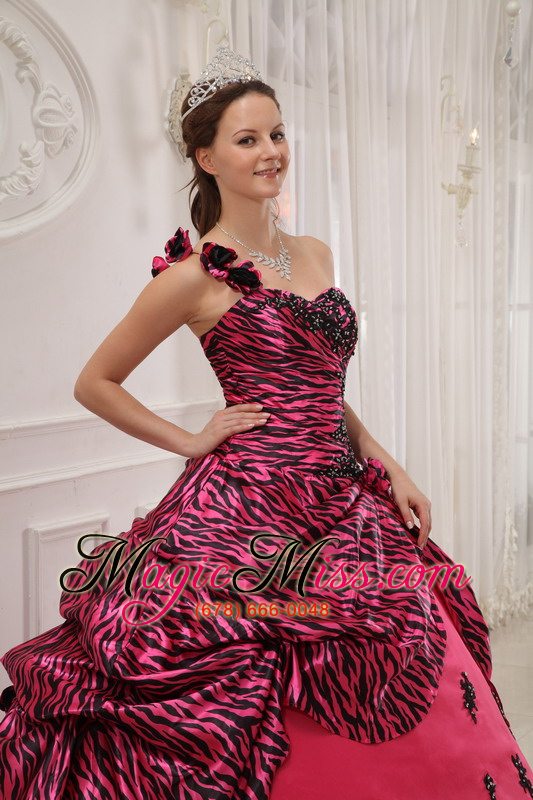 wholesale hot pink ball gown one shoulder floor-length zebra or leopard appliques quinceanera dress