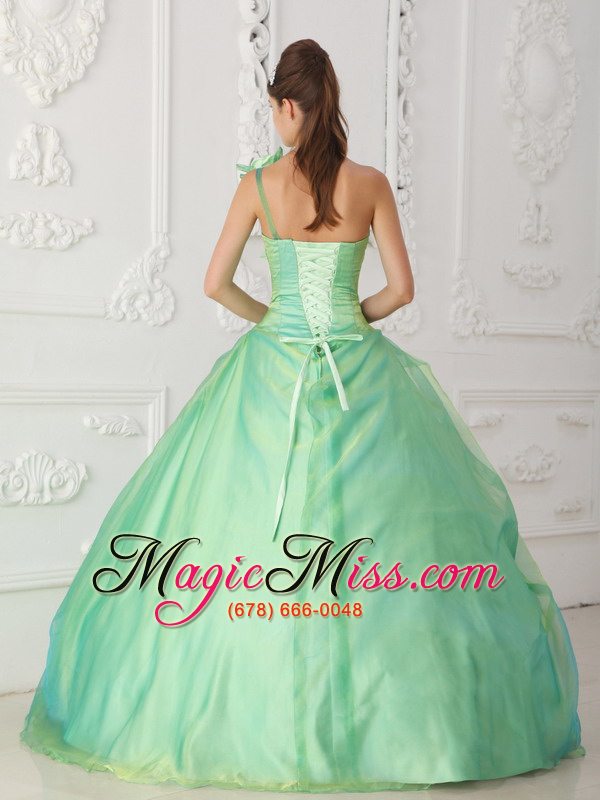 wholesale apple green ball gown one shoulder floor-length organza beading and hand flower quinceanera dress