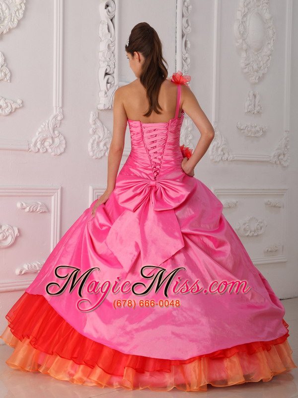 wholesale rose pink ball gown one shoulder floor-length organza and taffeta beading and hand flower quinceanera dress