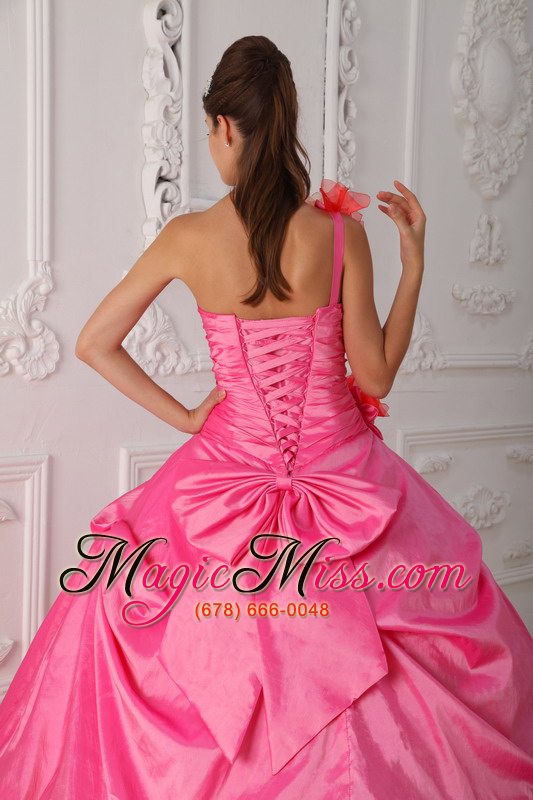 wholesale rose pink ball gown one shoulder floor-length organza and taffeta beading and hand flower quinceanera dress