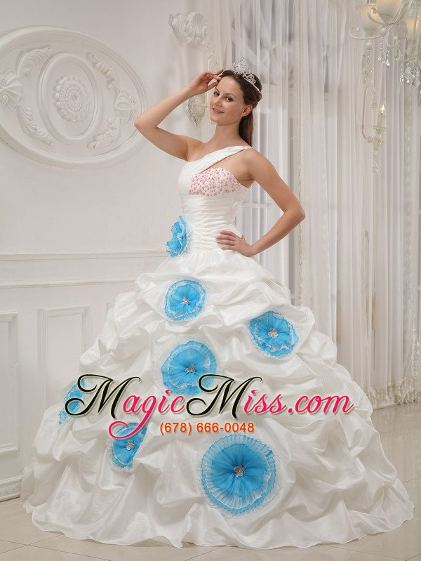 wholesale white ball gown one shoulder floor-length taffeta beading and hand flowers quinceanera dress