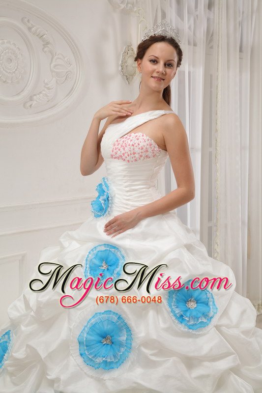 wholesale white ball gown one shoulder floor-length taffeta beading and hand flowers quinceanera dress