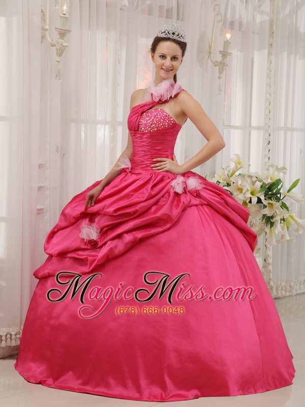 wholesale fuchsia ball gown one shoulder floor-length taffeta beading pick-ups quinceanera dress