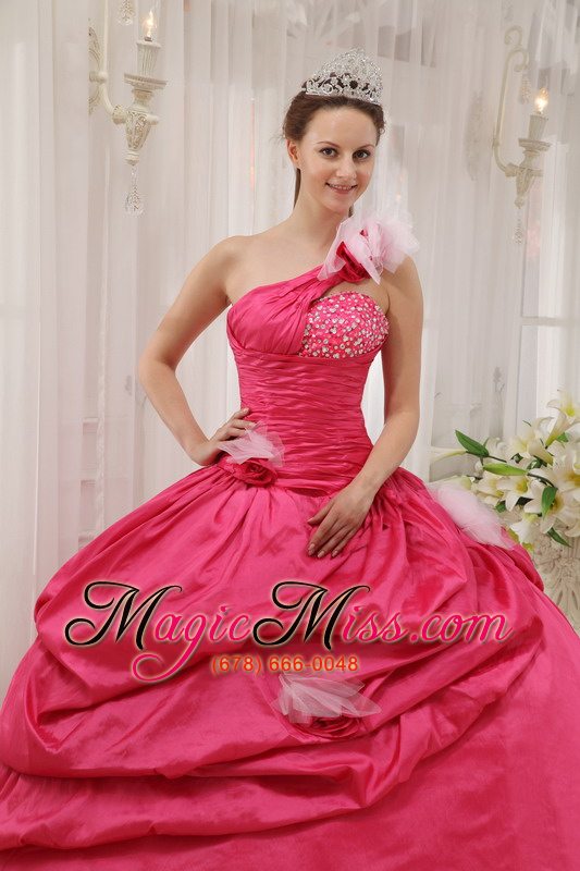 wholesale fuchsia ball gown one shoulder floor-length taffeta beading pick-ups quinceanera dress