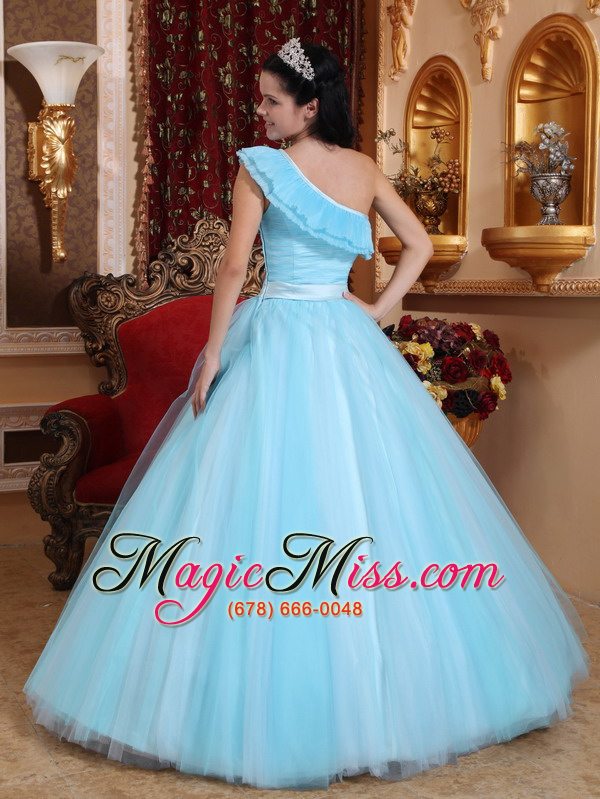wholesale light blue a-line one shoulder floor-length tulle ruch quinceanera dress