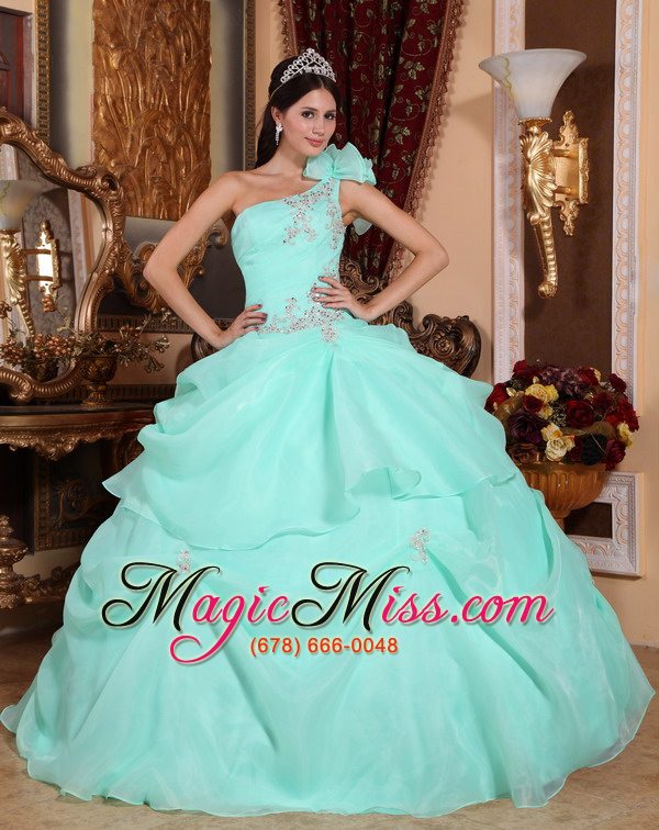 wholesale apple green ball gown one shoulder floor-length organza appliques quinceanera dress