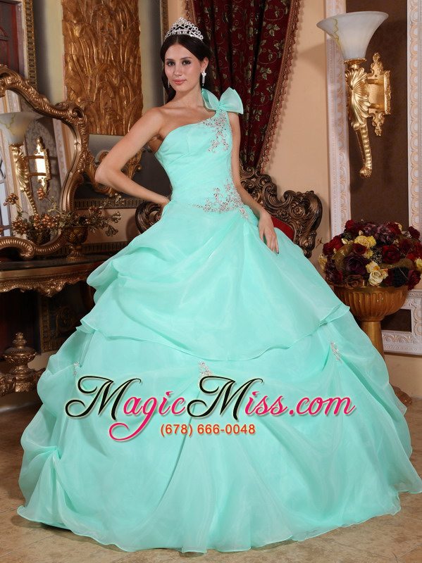 wholesale apple green ball gown one shoulder floor-length organza appliques quinceanera dress