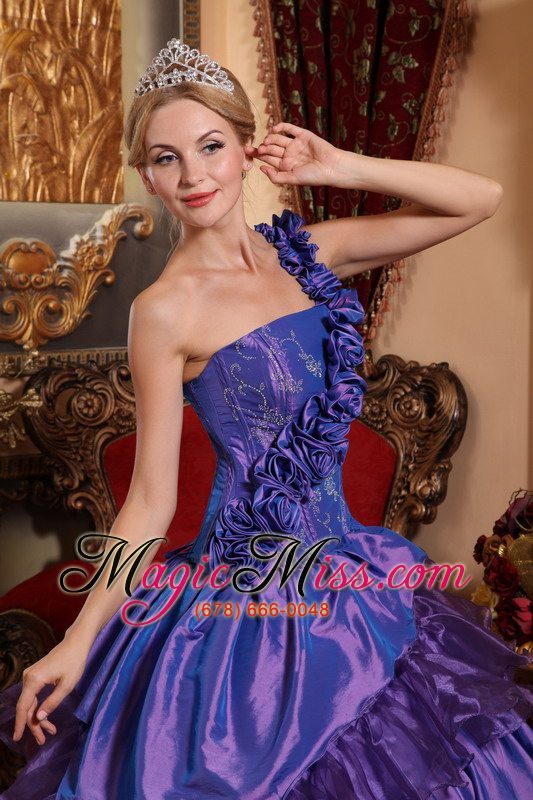wholesale purple ball gown one shoulder floor-length taffeta and organza hand made flowers quinceanera dress