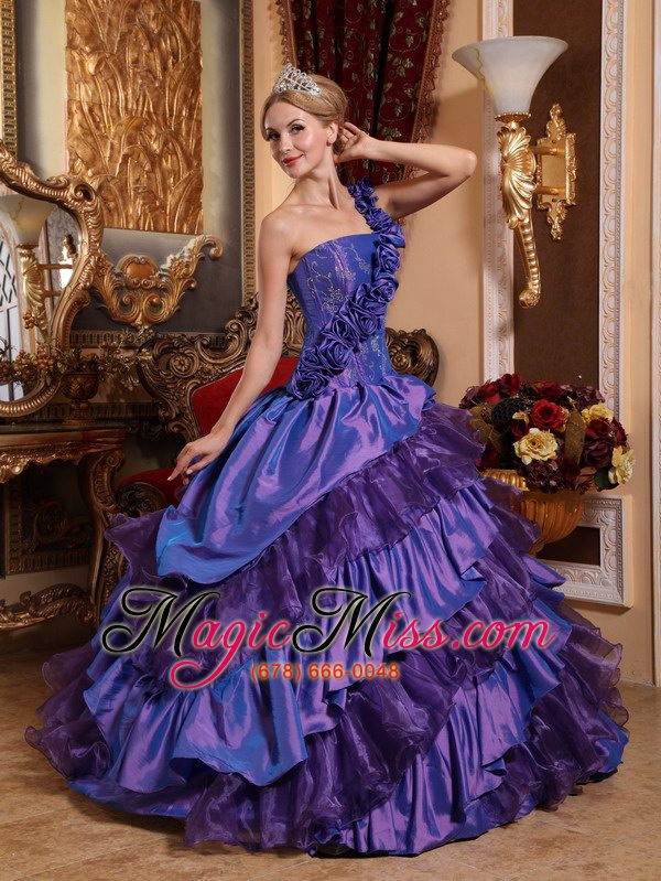 wholesale purple ball gown one shoulder floor-length taffeta and organza hand made flowers quinceanera dress