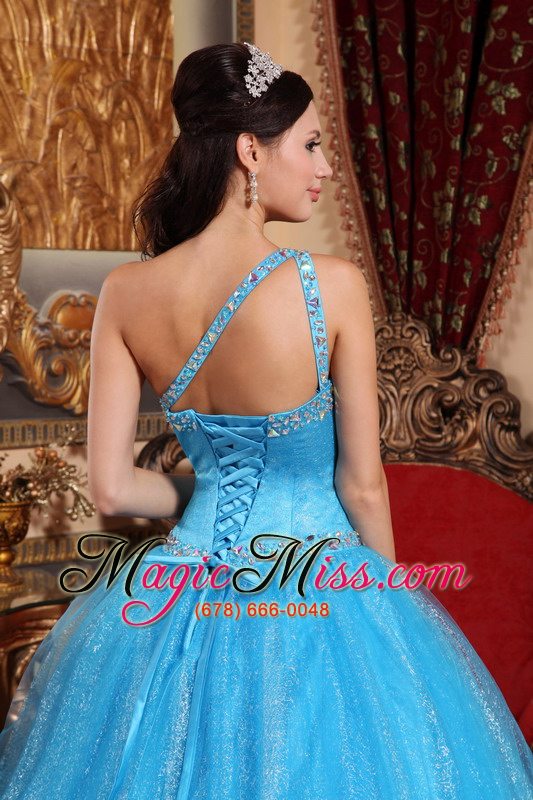 wholesale teal ball gown one shoulder floor-length tulle and taffeta beading quinceanera dress