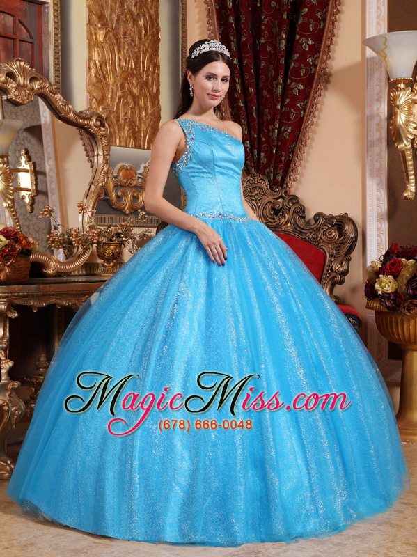 wholesale teal ball gown one shoulder floor-length tulle and taffeta beading quinceanera dress