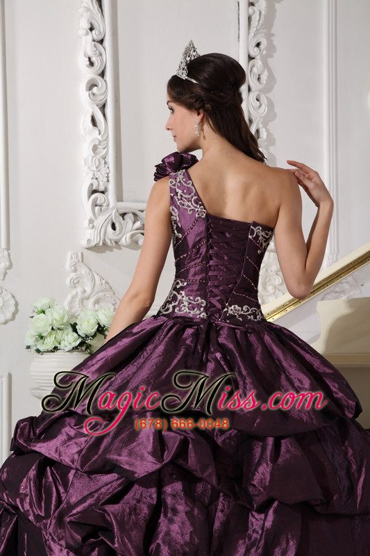 wholesale dark purple ball gown one shoulder floor-length taffeta appliques and pick-ups quinceanera dress