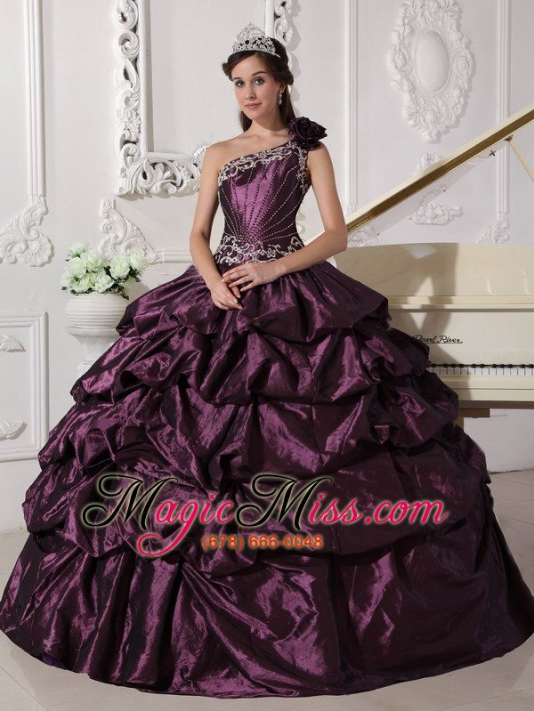 wholesale dark purple ball gown one shoulder floor-length taffeta appliques and pick-ups quinceanera dress