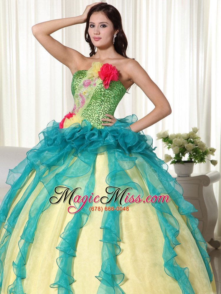 wholesale teal and yellow ball gown strapless floor-length organza beading quinceanera dress