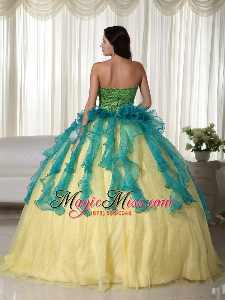 wholesale teal and yellow ball gown strapless floor-length organza beading quinceanera dress