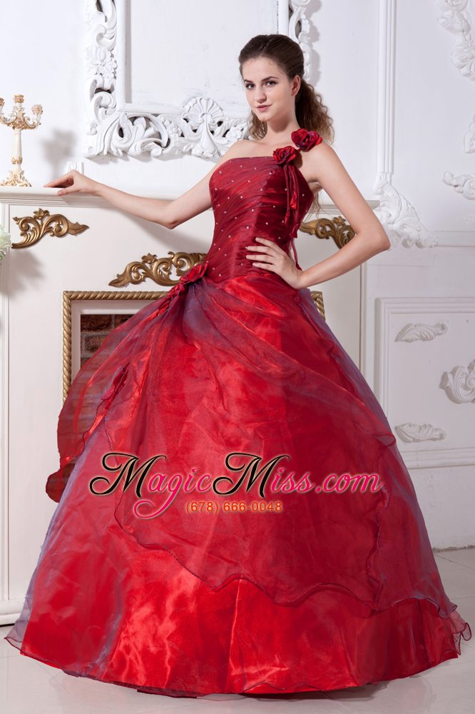 wholesale wine red a-line beading one shoulder taffeta and organza floor-length quinceanera dresses