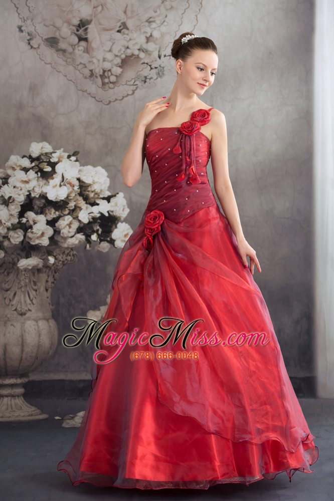 wholesale red one shoulder hand made flowers a-line prom dress