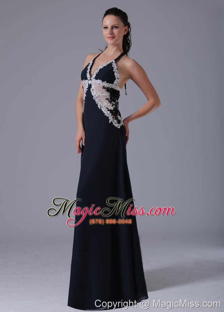 wholesale halter apliques decorate bust navy blue prom dress with floor-length in bethel connecticut