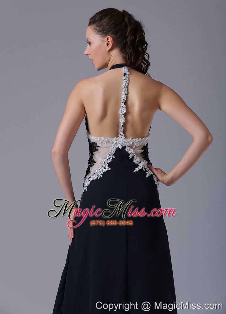 wholesale halter apliques decorate bust navy blue prom dress with floor-length in bethel connecticut