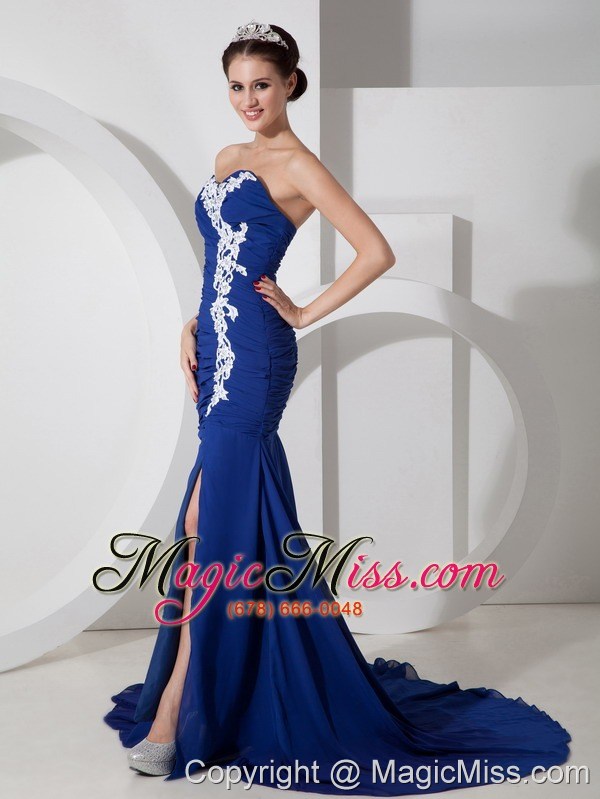 wholesale blue column sweetheart brush train chiffon appliques and ruch prom dress