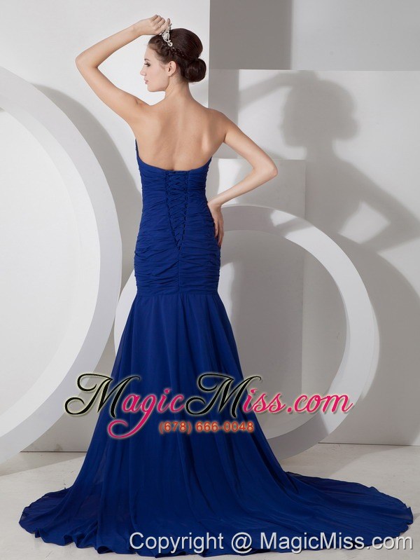 wholesale blue column sweetheart brush train chiffon appliques and ruch prom dress