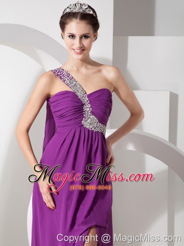 wholesale purple empire one shoulder brush train chiffon beading and ruch prom dress