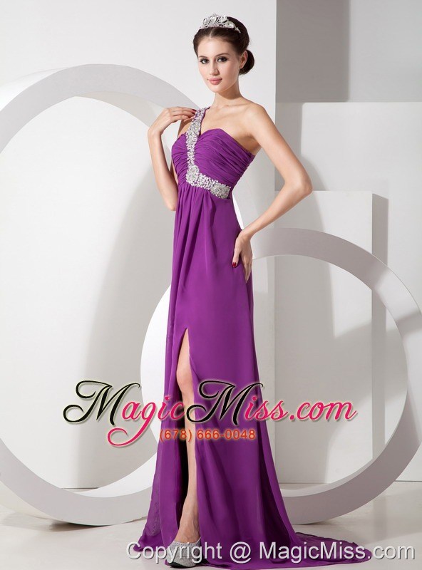 wholesale purple empire one shoulder brush train chiffon beading and ruch prom dress