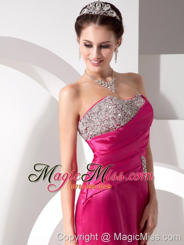 wholesale hot pink column sweetheart brush train taffeta beading and ruch prom dress