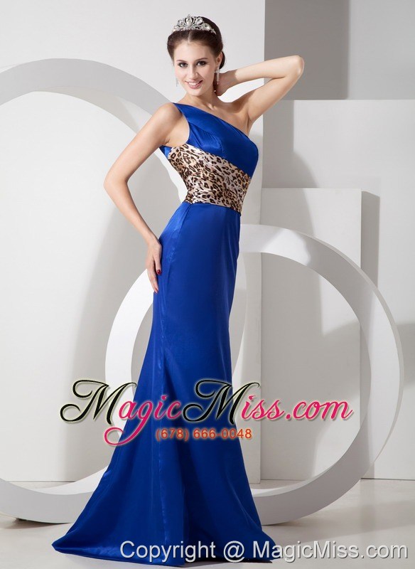 wholesale blue column one shoulder brush train taffeta lepard prom dress