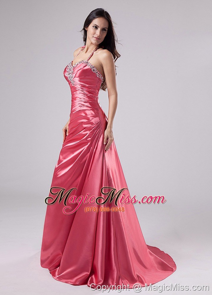 wholesale beading column halter brush/sweep elastic woven satin prom dress rose pink