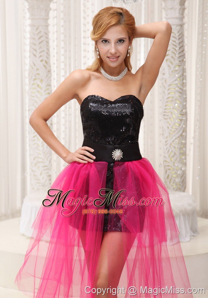 wholesale hot pink high-low prom dress for 2013 black paillette over skirt with beading