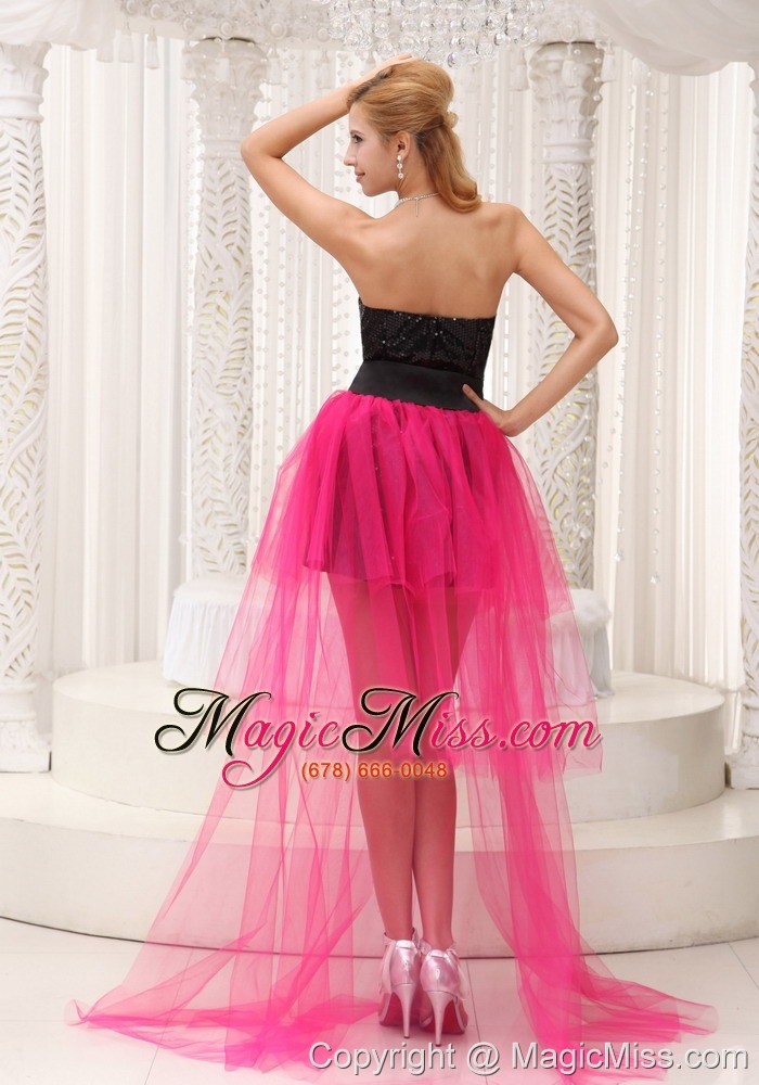 wholesale hot pink high-low prom dress for 2013 black paillette over skirt with beading