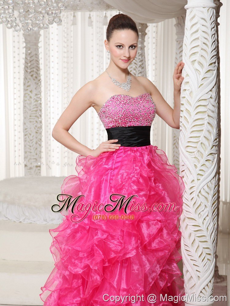 wholesale hot pink beaded belt embellishment prom dress with high-low