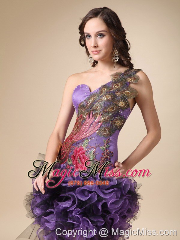 wholesale purple column one shoulder high-low satin and organza appliques homecoming dress