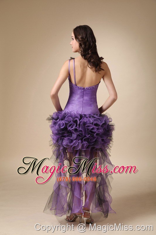 wholesale purple column one shoulder high-low satin and organza appliques homecoming dress