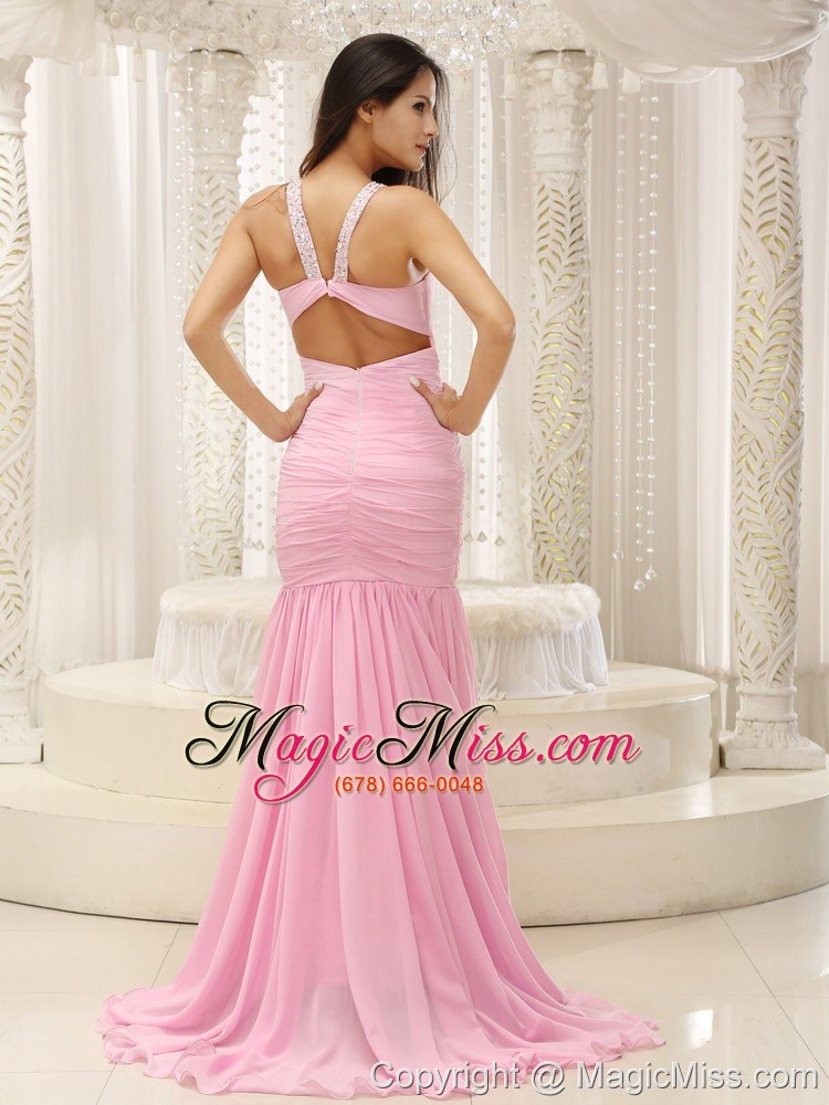wholesale mermaid v-neck beaded decorate shoulder ruched bodice for romantic celebrity dress