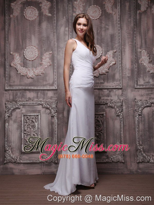 wholesale white empire one shoulder brush chiffon ruch and beading prom / evening dress