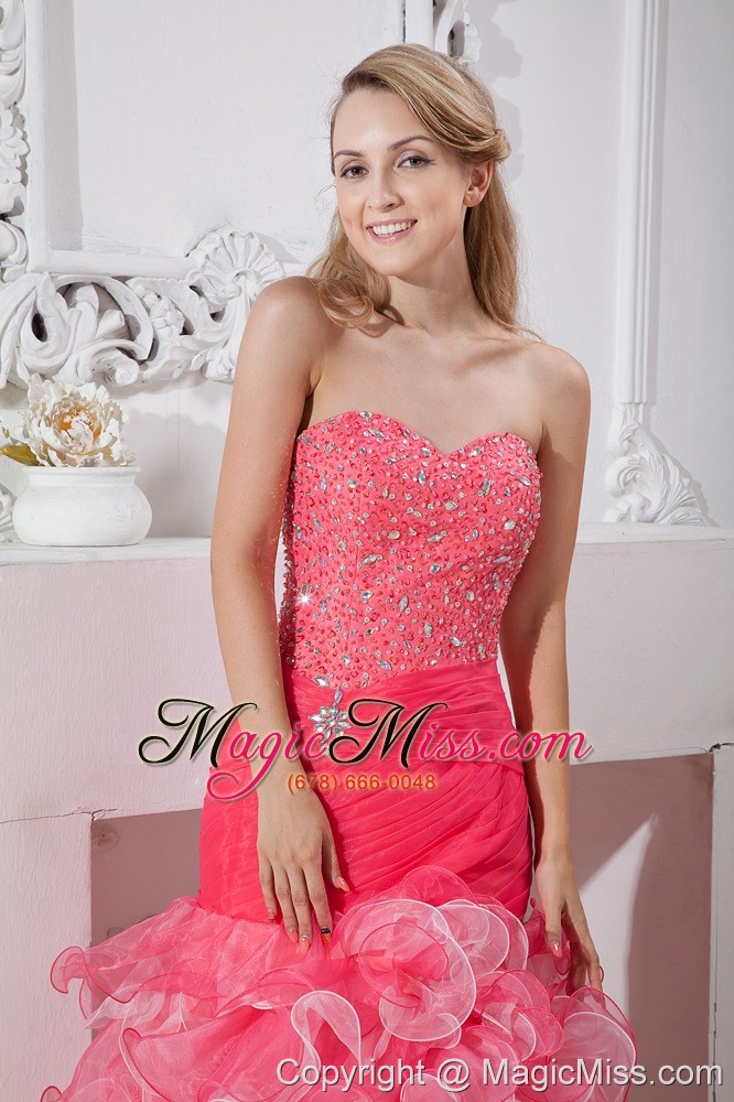 wholesale coral red mermaid sweetheart high-low taffeta and organza beading and ruch prom dress