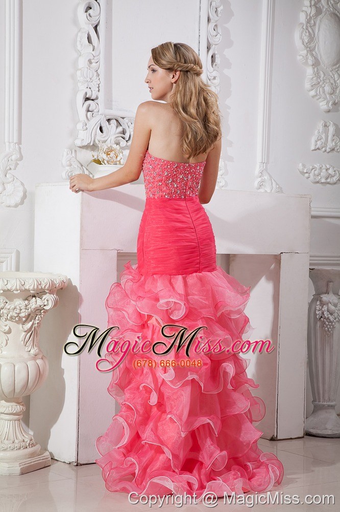 wholesale coral red mermaid sweetheart high-low taffeta and organza beading and ruch prom dress
